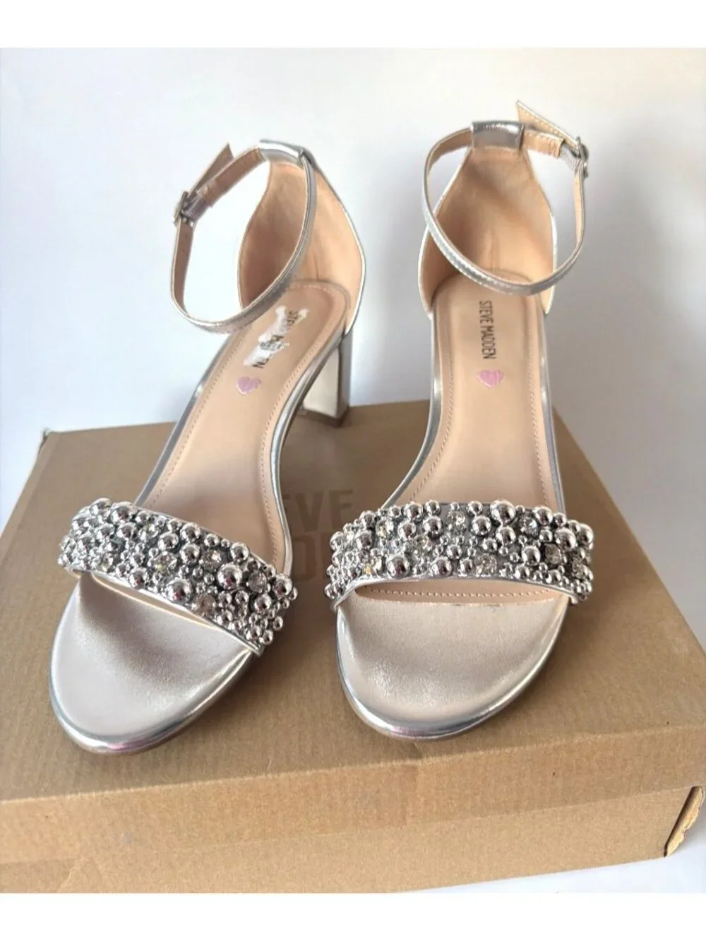 Steve Madden JCarrson Silver Beads Sandals Girls Low Block Heel Big Kid Size 7